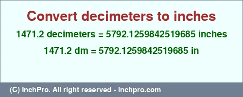 1471.2 decimeters to inches is equal to 5792.1259842519685 (in) Result converting 1471.2 decimeters to inches = 5792.1259842519685 inches
