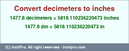 1477.8 decimeters to inches is equal to 5818.110236220473 (in) Result converting 1477.8 decimeters to inches = 5818.110236220473 inches