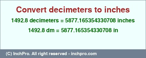 1492.8 decimeters to inches is equal to 5877.165354330708 (in) Result converting 1492.8 decimeters to inches = 5877.165354330708 inches