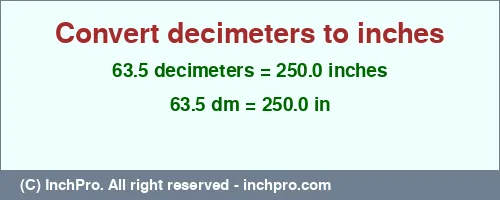 63.5 decimeters to inches is equal to 250.0 (in) Result converting 63.5 decimeters to inches = 250.0 inches