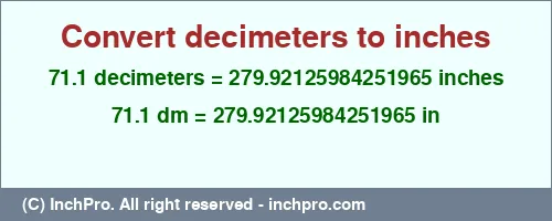71.1 decimeters to inches is equal to 279.92125984251965 (in) Result converting 71.1 decimeters to inches = 279.92125984251965 inches