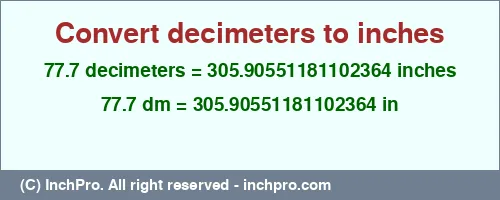 Result converting 77.7 decimeters to inches = 305.90551181102364 inches