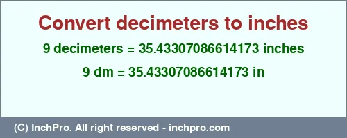 9 decimeters to inches is equal to 35.43307086614173 (in) Result converting 9 decimeters to inches = 35.43307086614173 inches