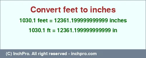 1030.1 feet to inches is equal to 12361.199999999999 (in) Result converting 1030.1 feet to inches = 12361.199999999999 inches