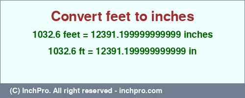 1032.6 feet to inches is equal to 12391.199999999999 (in) Result converting 1032.6 feet to inches = 12391.199999999999 inches