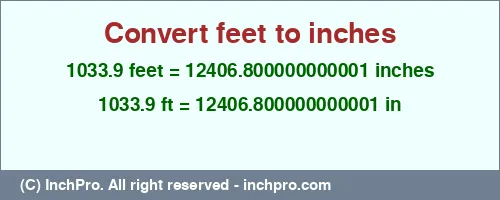 1033.9 feet to inches is equal to 12406.800000000001 (in) Result converting 1033.9 feet to inches = 12406.800000000001 inches