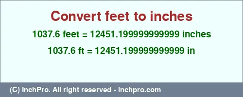 1037.6 feet to inches is equal to 12451.199999999999 (in) Result converting 1037.6 feet to inches = 12451.199999999999 inches