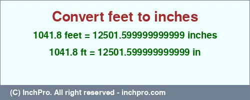 Result converting 1041.8 feet to inches = 12501.599999999999 inches