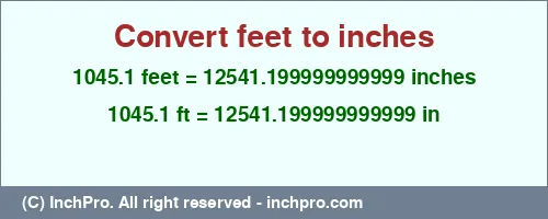 1045.1 feet to inches is equal to 12541.199999999999 (in) Result converting 1045.1 feet to inches = 12541.199999999999 inches