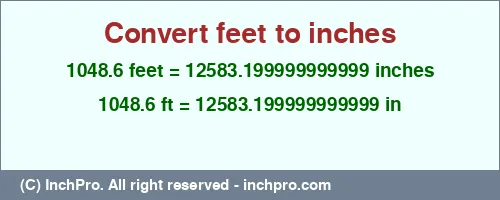 1048.6 feet to inches is equal to 12583.199999999999 (in) Result converting 1048.6 feet to inches = 12583.199999999999 inches