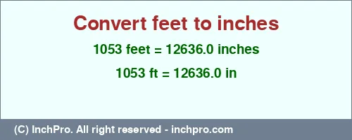 1053 feet to inches is equal to 12636.0 (in) Result converting 1053 feet to inches = 12636.0 inches
