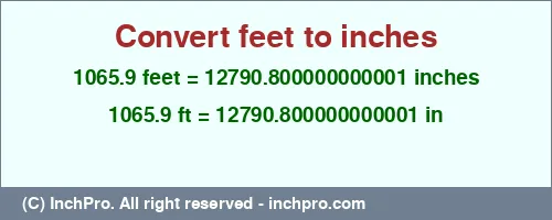 1065.9 feet to inches is equal to 12790.800000000001 (in) Result converting 1065.9 feet to inches = 12790.800000000001 inches