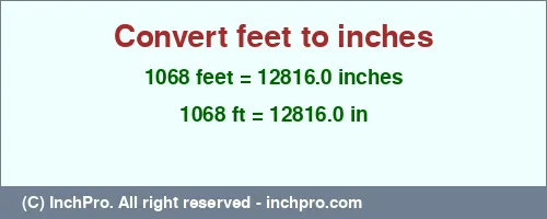 1068 feet to inches is equal to 12816.0 (in) Result converting 1068 feet to inches = 12816.0 inches