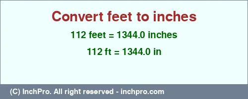 112 feet to inches is equal to 1344.0 (in) Result converting 112 feet to inches = 1344.0 inches
