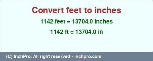 1142 feet to inches is equal to 13704.0 (in) Result converting 1142 feet to inches = 13704.0 inches