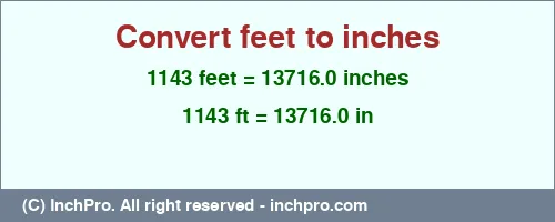 1143 feet to inches is equal to 13716.0 (in) Result converting 1143 feet to inches = 13716.0 inches