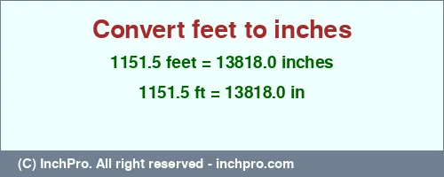 1151.5 feet to inches is equal to 13818.0 (in) Result converting 1151.5 feet to inches = 13818.0 inches