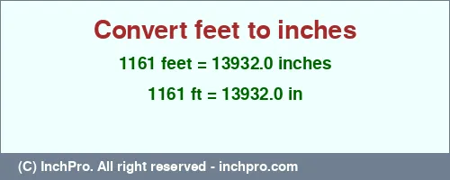 1161 feet to inches is equal to 13932.0 (in) Result converting 1161 feet to inches = 13932.0 inches