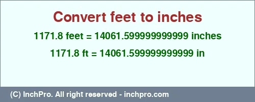 Result converting 1171.8 feet to inches = 14061.599999999999 inches