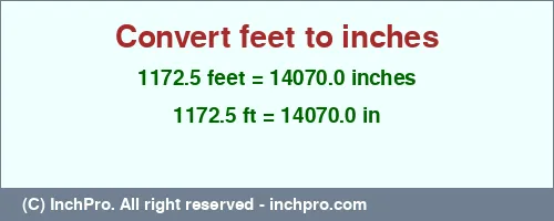 1172.5 feet to inches is equal to 14070.0 (in) Result converting 1172.5 feet to inches = 14070.0 inches