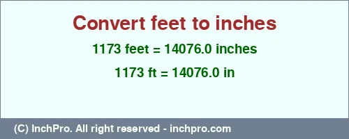 1173 feet to inches is equal to 14076.0 (in) Result converting 1173 feet to inches = 14076.0 inches