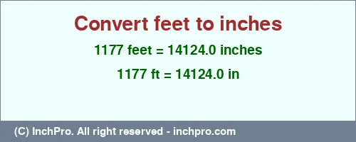 1177 feet to inches is equal to 14124.0 (in) Result converting 1177 feet to inches = 14124.0 inches