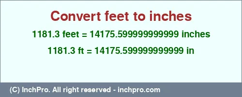 1181.3 feet to inches is equal to 14175.599999999999 (in) Result converting 1181.3 feet to inches = 14175.599999999999 inches