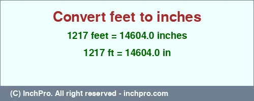 1217 feet to inches is equal to 14604.0 (in) Result converting 1217 feet to inches = 14604.0 inches