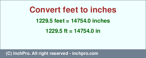 1229.5 feet to inches is equal to 14754.0 (in) Result converting 1229.5 feet to inches = 14754.0 inches