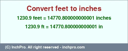 Result converting 1230.9 feet to inches = 14770.800000000001 inches
