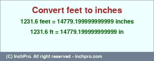 Result converting 1231.6 feet to inches = 14779.199999999999 inches