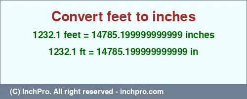 Result converting 1232.1 feet to inches = 14785.199999999999 inches