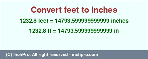 1232.8 feet to inches is equal to 14793.599999999999 (in) Result converting 1232.8 feet to inches = 14793.599999999999 inches