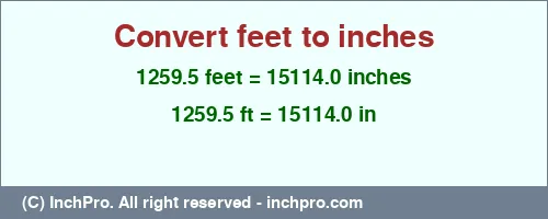 1259.5 feet to inches is equal to 15114.0 (in) Result converting 1259.5 feet to inches = 15114.0 inches