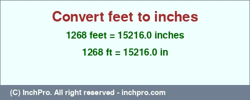 1268 feet to inches is equal to 15216.0 (in) Result converting 1268 feet to inches = 15216.0 inches