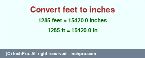 1285 feet to inches is equal to 15420.0 (in) Result converting 1285 feet to inches = 15420.0 inches