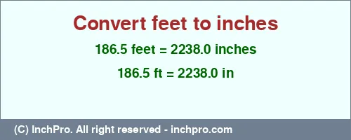186.5 feet to inches is equal to 2238.0 (in) Result converting 186.5 feet to inches = 2238.0 inches