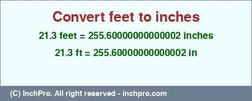 21.3 feet to inches is equal to 255.60000000000002 (in) Result converting 21.3 feet to inches = 255.60000000000002 inches