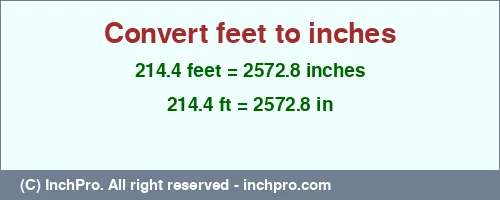 214.4 feet to inches is equal to 2572.8 (in) Result converting 214.4 feet to inches = 2572.8 inches