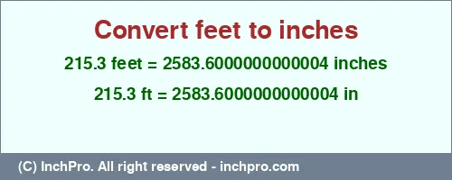 215.3 feet to inches is equal to 2583.6000000000004 (in) Result converting 215.3 feet to inches = 2583.6000000000004 inches