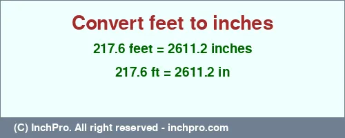 217.6 feet to inches is equal to 2611.2 (in) Result converting 217.6 feet to inches = 2611.2 inches