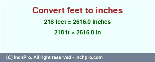 218 feet to inches is equal to 2616.0 (in) Result converting 218 feet to inches = 2616.0 inches