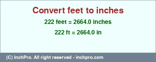 222 feet to inches is equal to 2664.0 (in) Result converting 222 feet to inches = 2664.0 inches