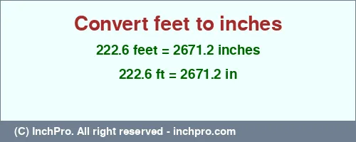 222.6 feet to inches is equal to 2671.2 (in) Result converting 222.6 feet to inches = 2671.2 inches