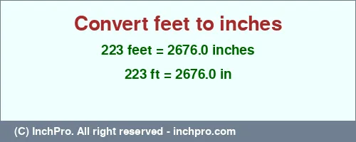 223 feet to inches is equal to 2676.0 (in) Result converting 223 feet to inches = 2676.0 inches