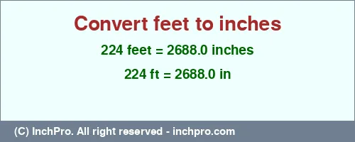 224 feet to inches is equal to 2688.0 (in) Result converting 224 feet to inches = 2688.0 inches
