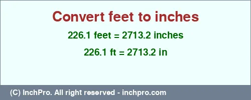 226.1 feet to inches is equal to 2713.2 (in) Result converting 226.1 feet to inches = 2713.2 inches