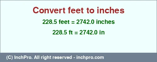 228.5 feet to inches is equal to 2742.0 (in) Result converting 228.5 feet to inches = 2742.0 inches