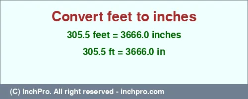 305.5 feet to inches is equal to 3666.0 (in) Result converting 305.5 feet to inches = 3666.0 inches