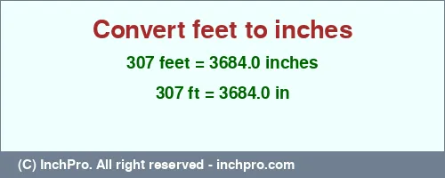 307 feet to inches is equal to 3684.0 (in) Result converting 307 feet to inches = 3684.0 inches